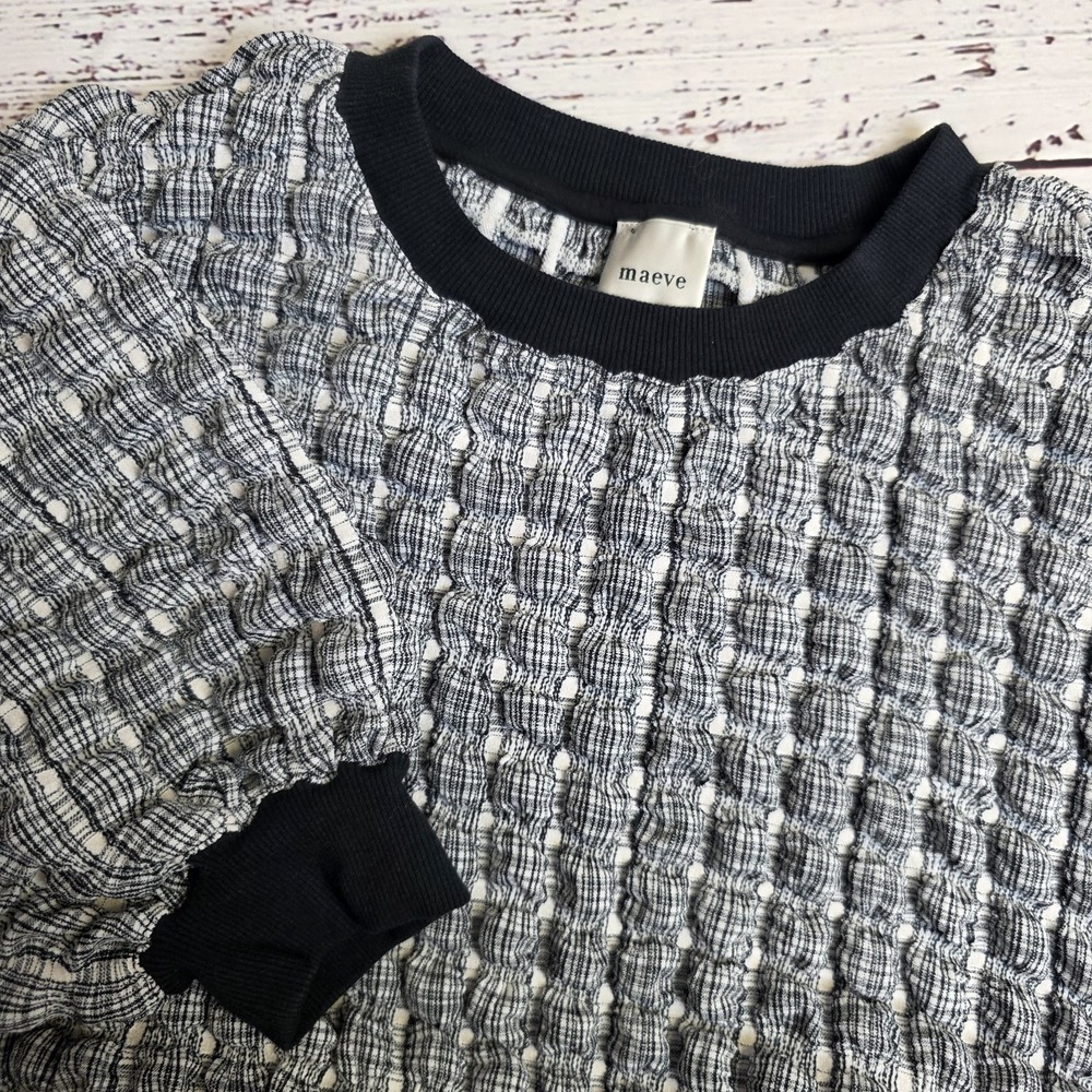 Maeve Anthropologie Women's XS Black White Puff Shirt Cropped Short Sleeve